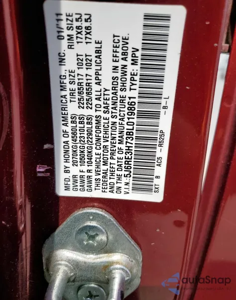 2011 Honda Cr-V Exl из США, поврежденный, VIN 5J6RE3H73BL019861